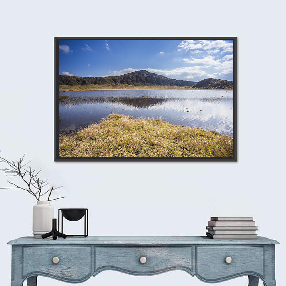 Mount Aso Lake Reflection Wall Art in a room, landscape
