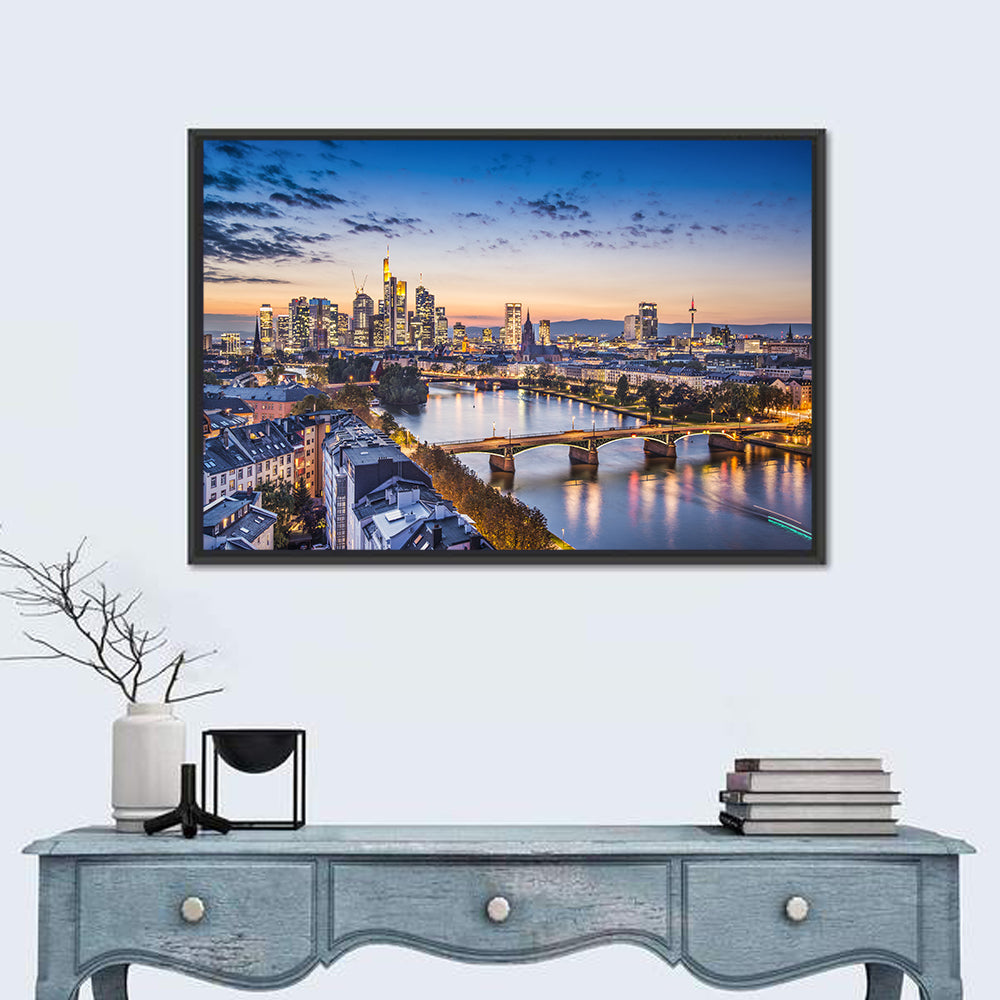 Frankfurt Twilight Skyline Wall Art in a room, landscape