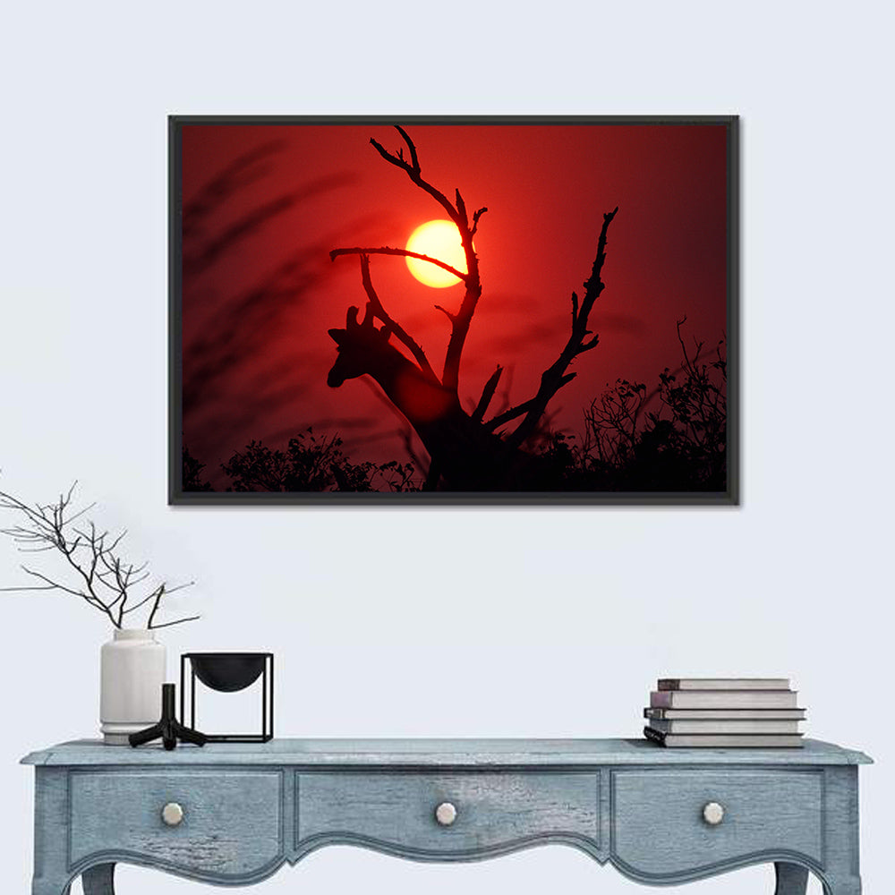 Giraffe Silhouette at Sunset Wall Art in a room, landscape