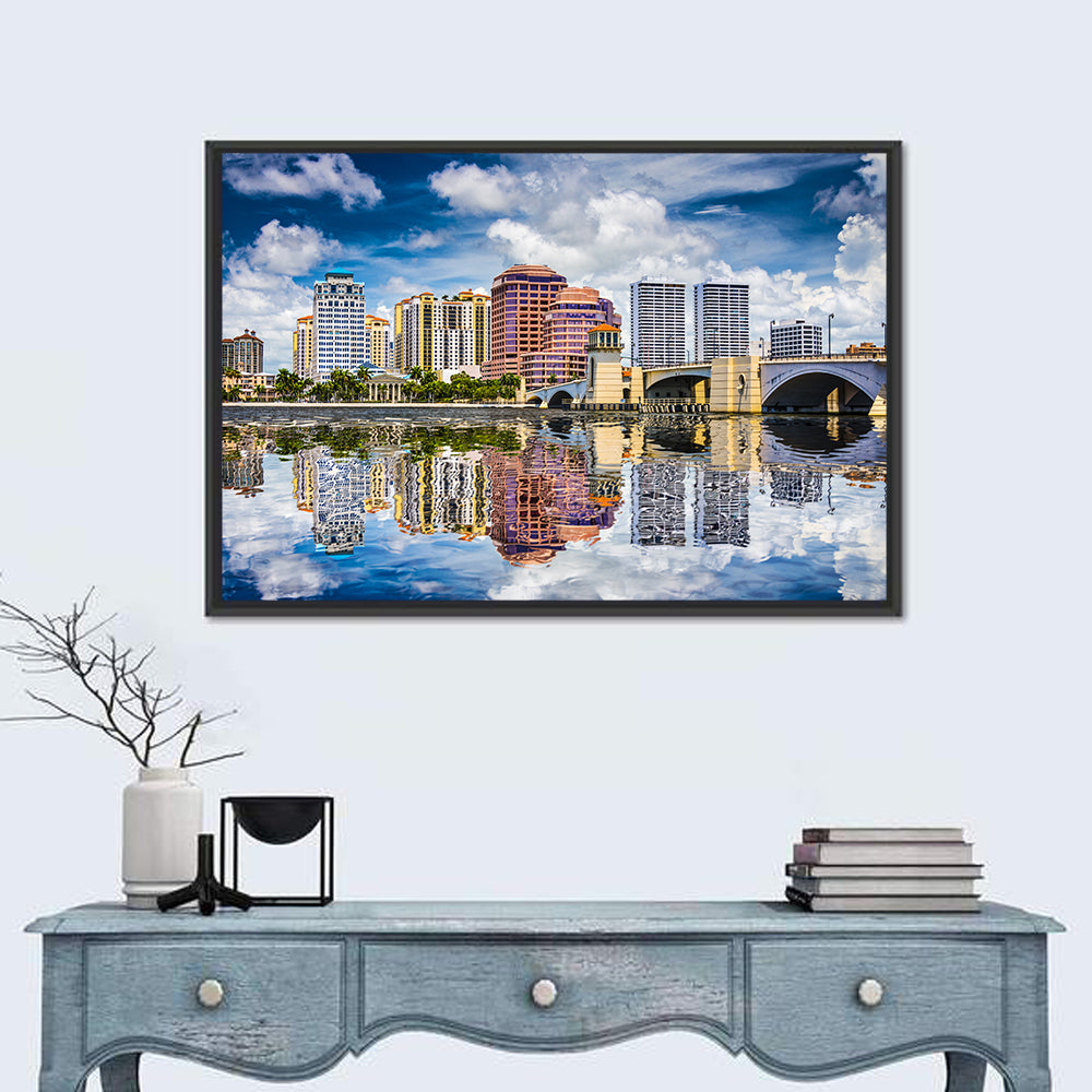 West Palm Beach Skyline Reflection Wall Art in a room, landscape
