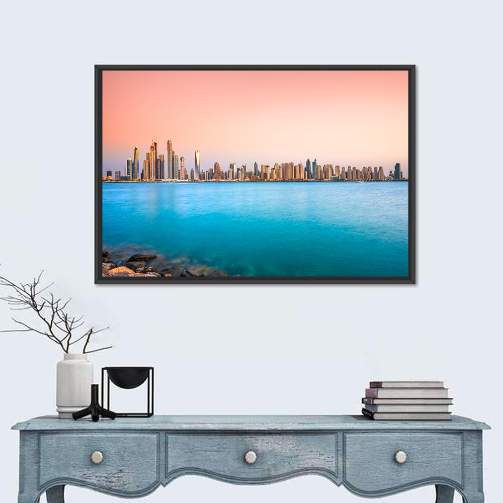 Dubai Marina Skyline Wall Art in a room, landscape