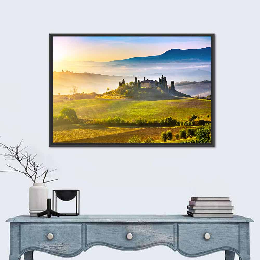 Tuscan Morning Landscape Wall Art in a room, landscape