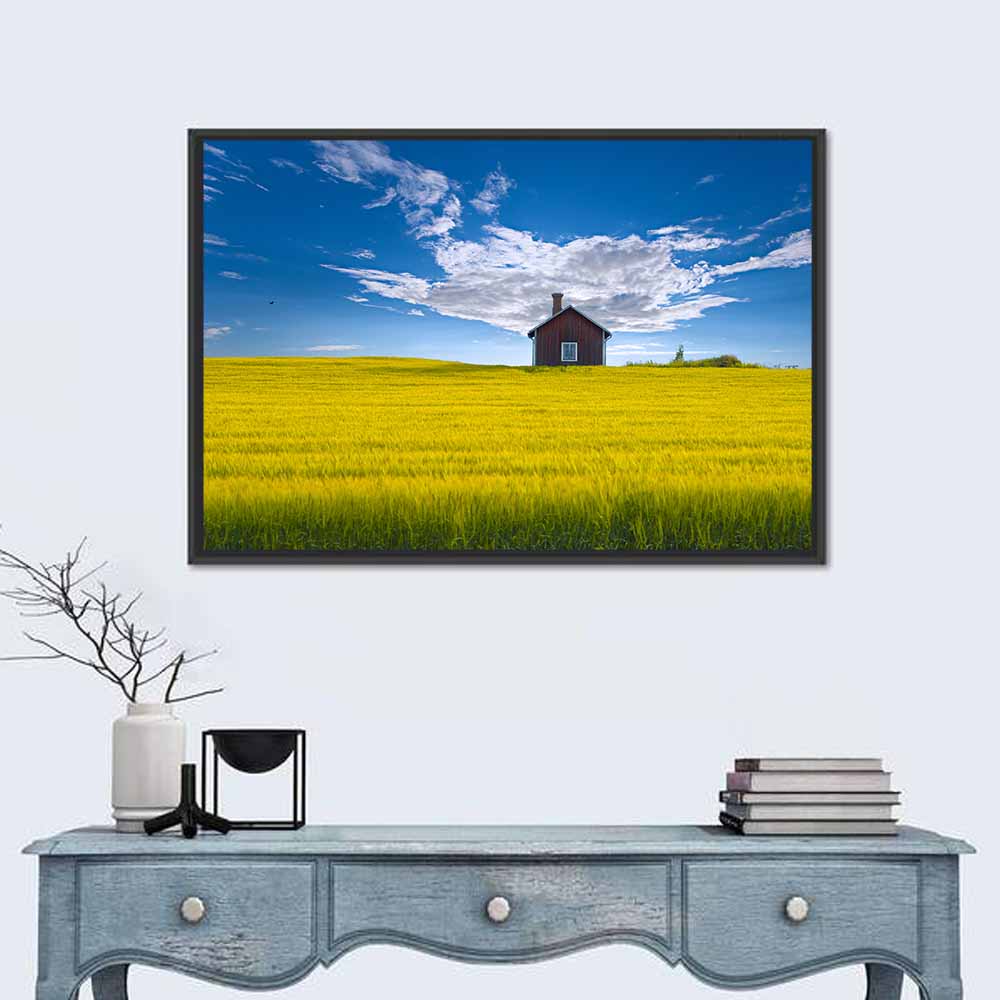 Red Barn in Golden Wheat Field Wall Art in a room, landscape
