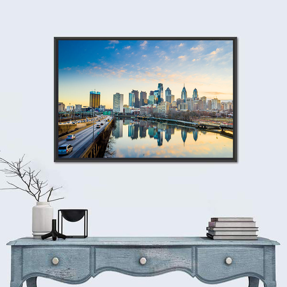 Philadelphia Skyline at Dusk Wall Art in a room, landscape