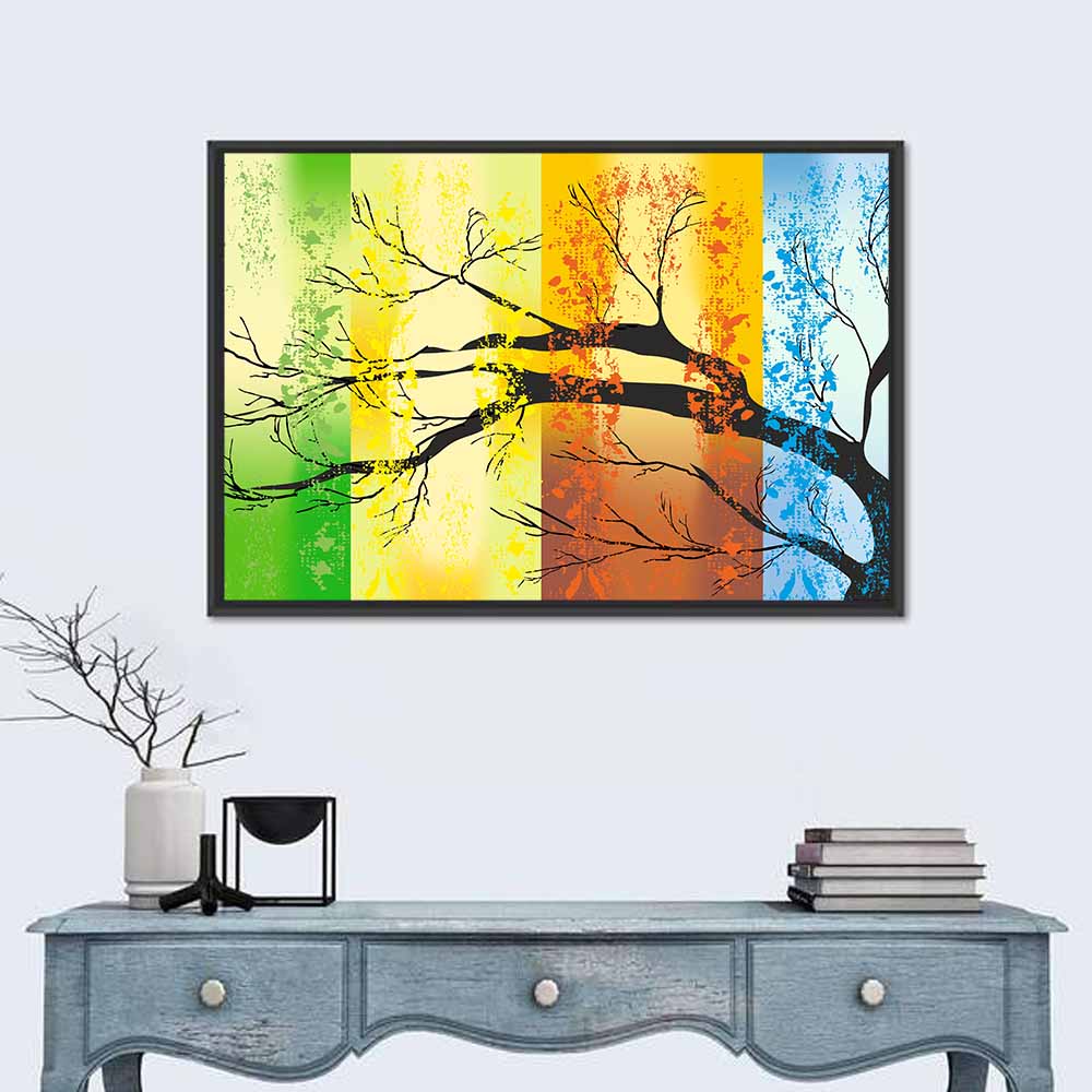 Four Seasons Tree Silhouette Wall Art in a room, landscape