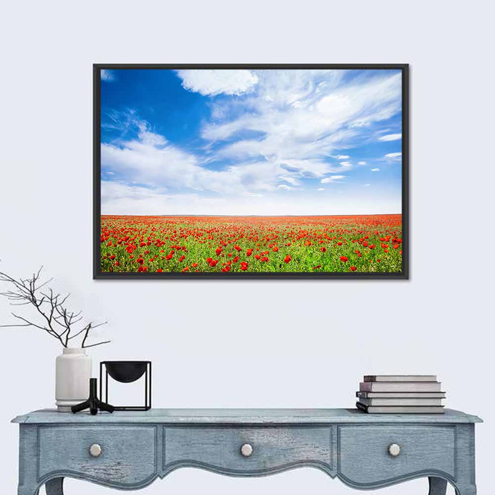 Red Poppy Field Wall Art in a room, landscape