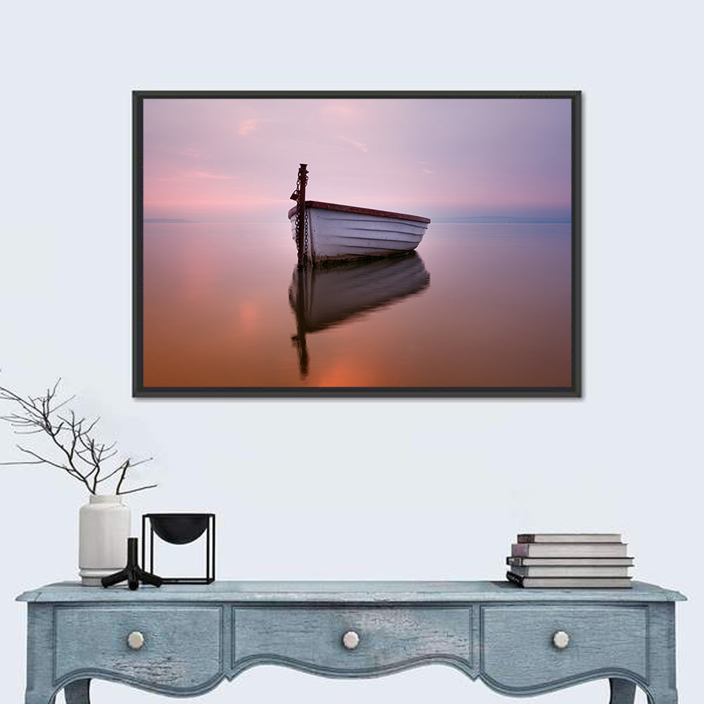 Pastel Boat Reflection Wall Art in a room, landscape
