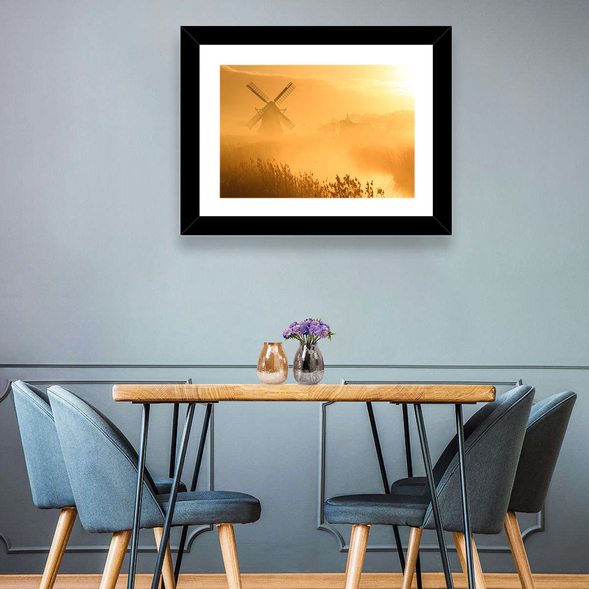 Golden Dutch Windmill Sunrise Wall Art in a room, landscape