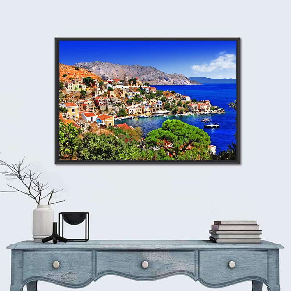 Symi Harbor, Greece Wall Art in a room, landscape
