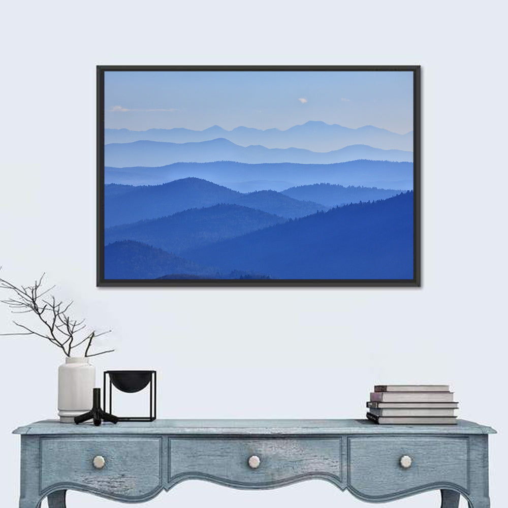 Misty Blue Mountain Valley Wall Art in a room, landscape