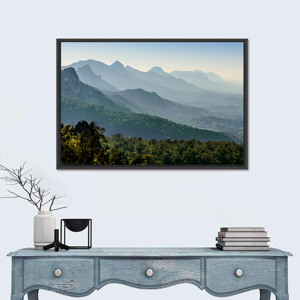 Misty Mountain Ridges Wall Art in a room, landscape