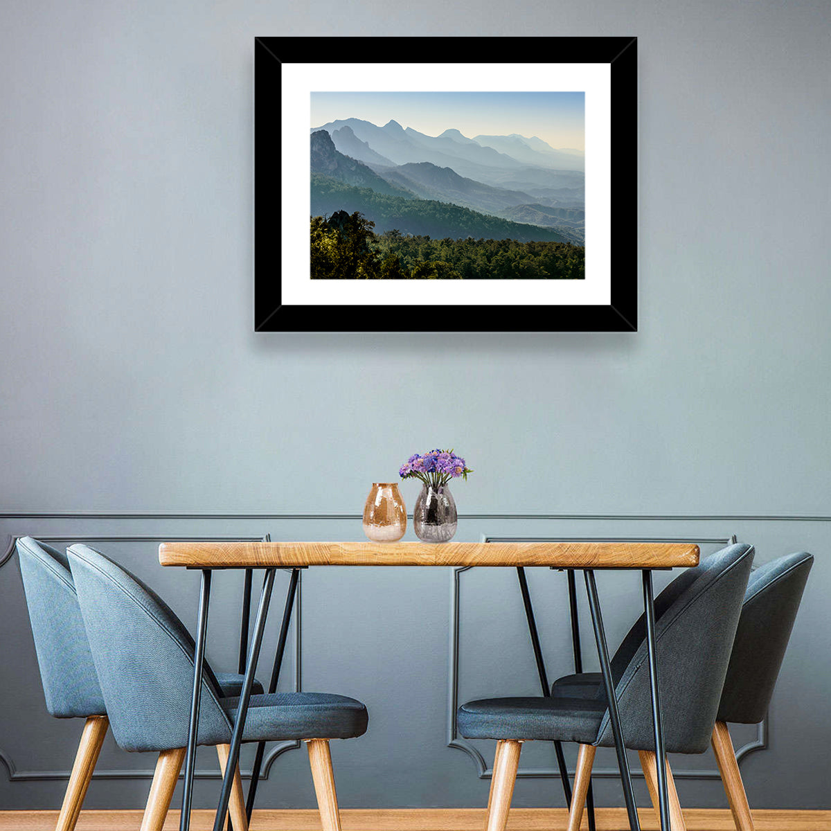 Misty Mountain Ridges Wall Art in a room, landscape