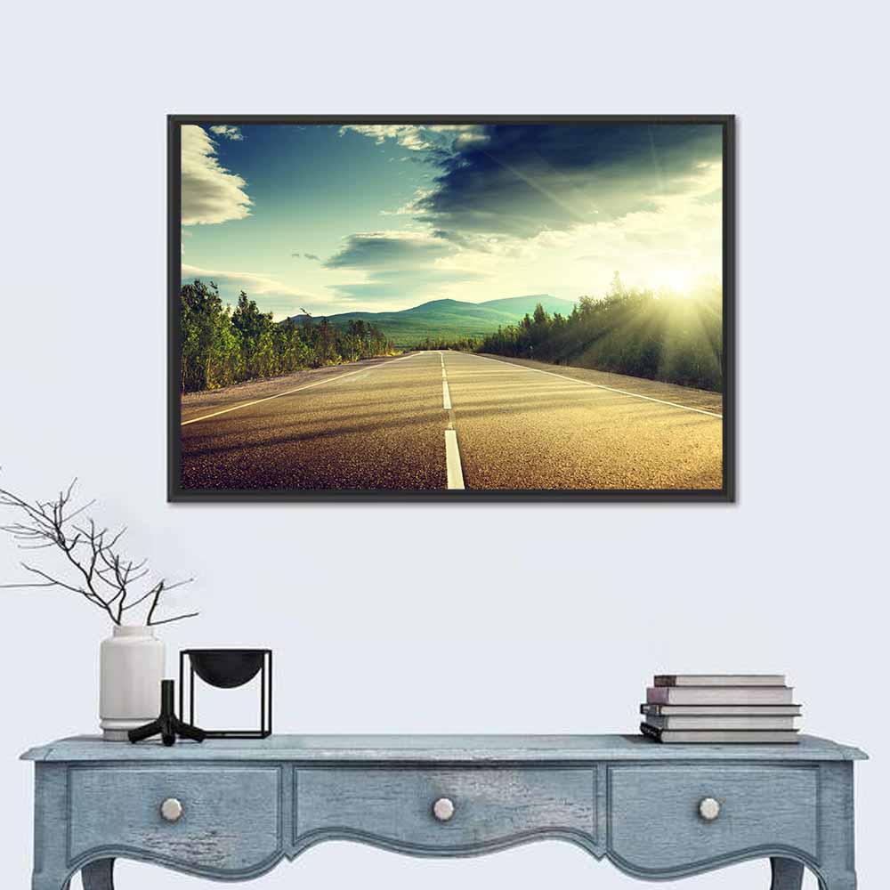 Sunlit Asphalt Road Wall Art in a room, landscape