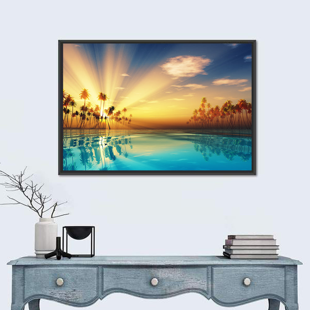 Turquoise Sunset Over Palm Island Wall Art in a room, landscape