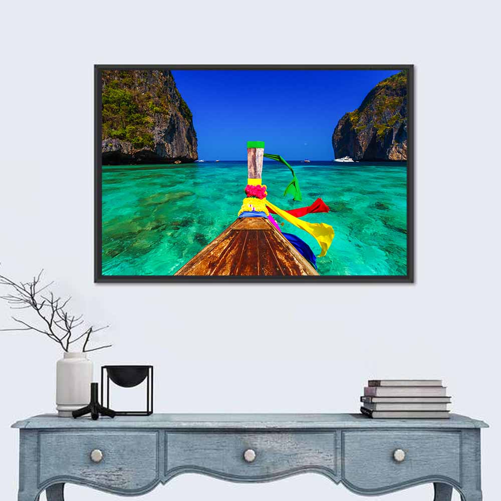 Maya Bay Long-tail Boat Wall Art in a room, landscape