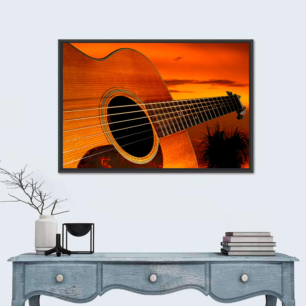 Sunset Acoustic Guitar Silhouette Wall Art in a room, landscape