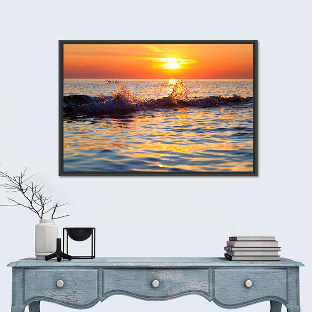 Lake Michigan Sunset Waves Wall Art in a room, landscape