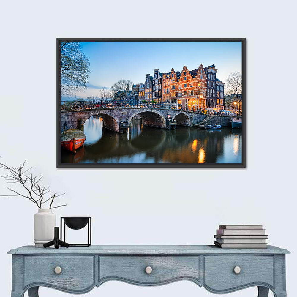 Brouwersgracht Canal Bridge at Dusk Wall Art in a room, landscape