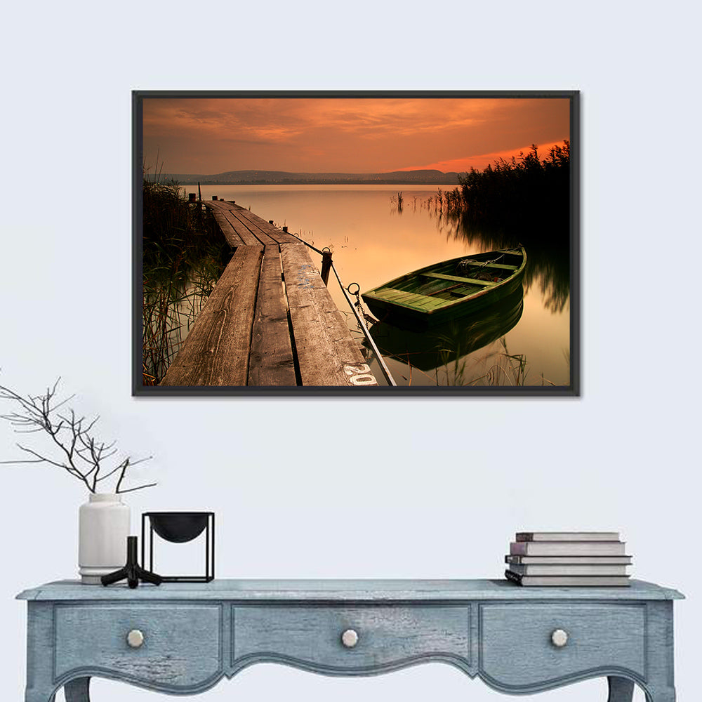 Pier and Rowboat on Lake Balaton Wall Art in a room, landscape