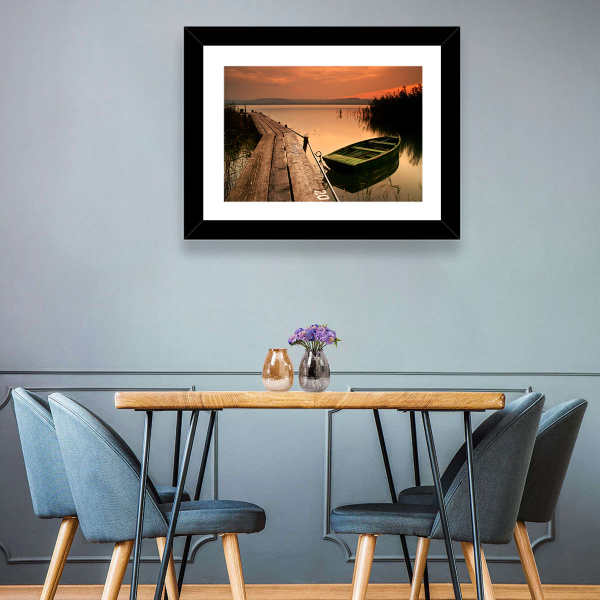 Pier and Rowboat on Lake Balaton Wall Art in a room, landscape