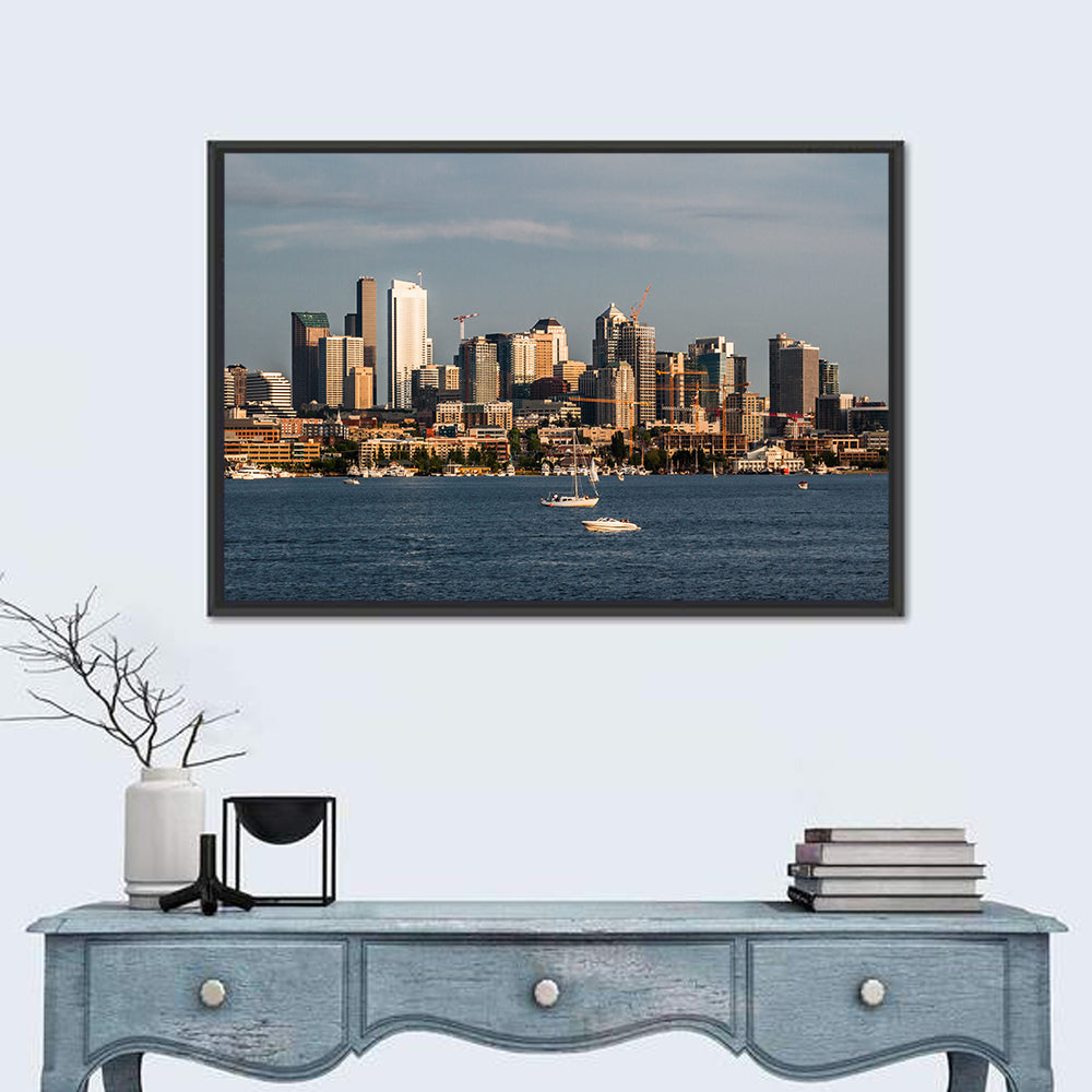 Seattle Skyline at Golden Hour Wall Art in a room, landscape