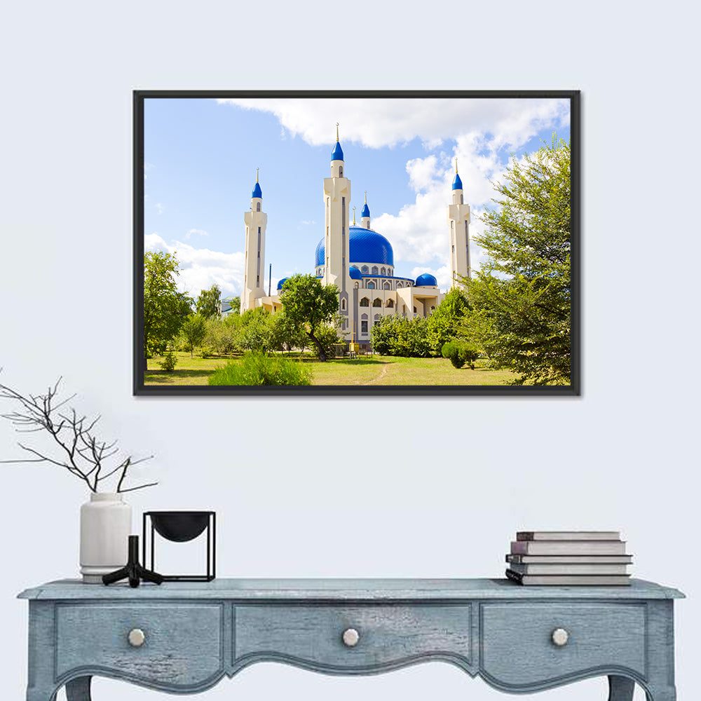 Blue Domed Mosque with Golden Minarets Wall Art in a room, landscape