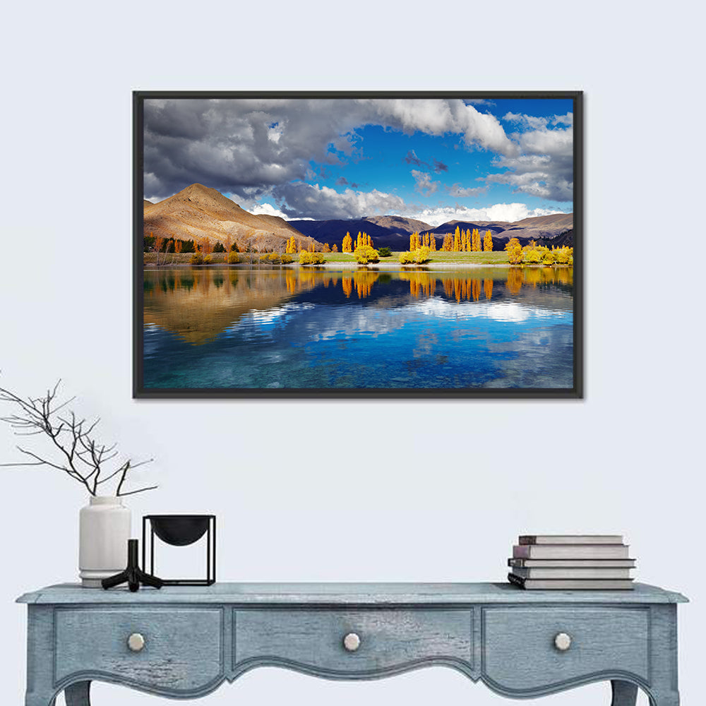 Lake Tekapo Autumn Reflection Wall Art in a room, landscape