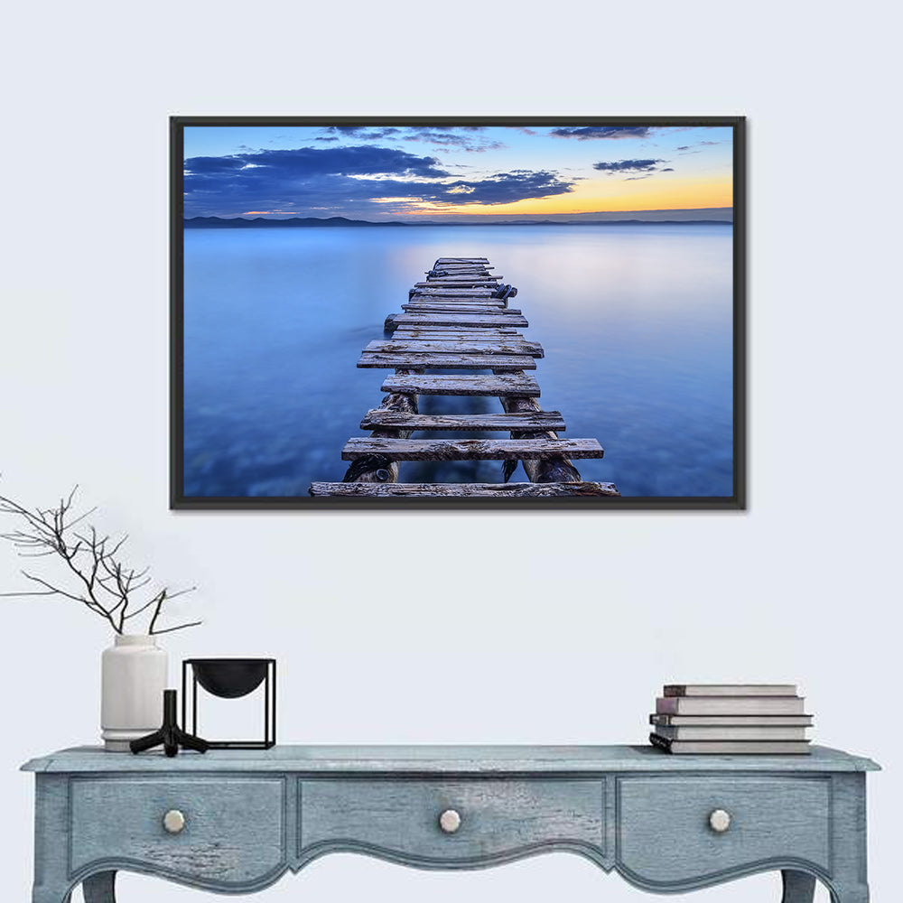 Weathered Lake Pier at Dusk Wall Art in a room, landscape
