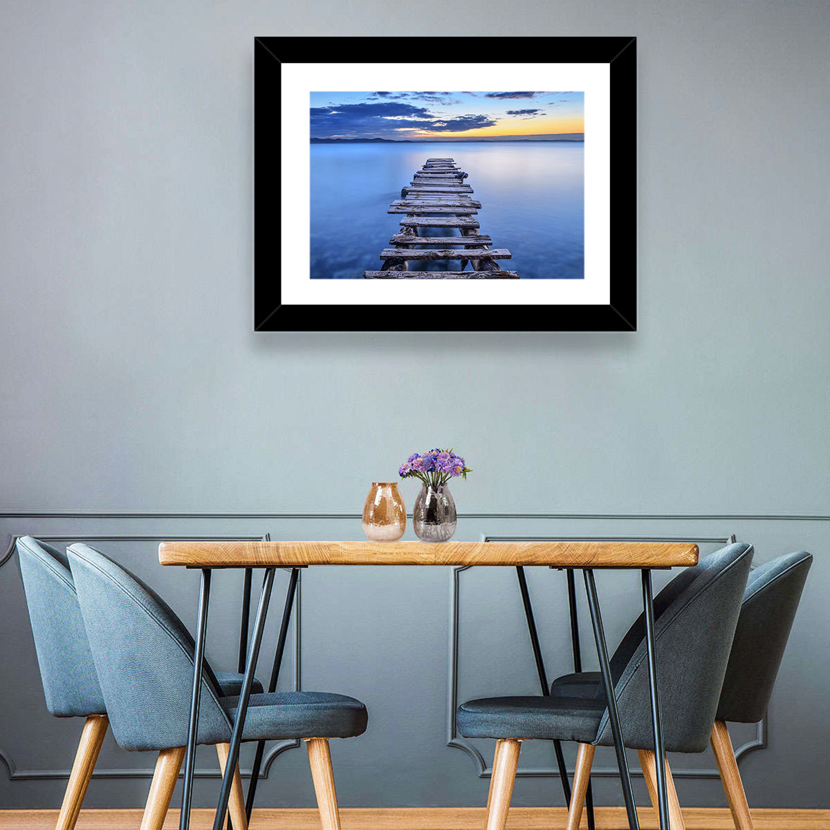 Weathered Lake Pier at Dusk Wall Art in a room, landscape