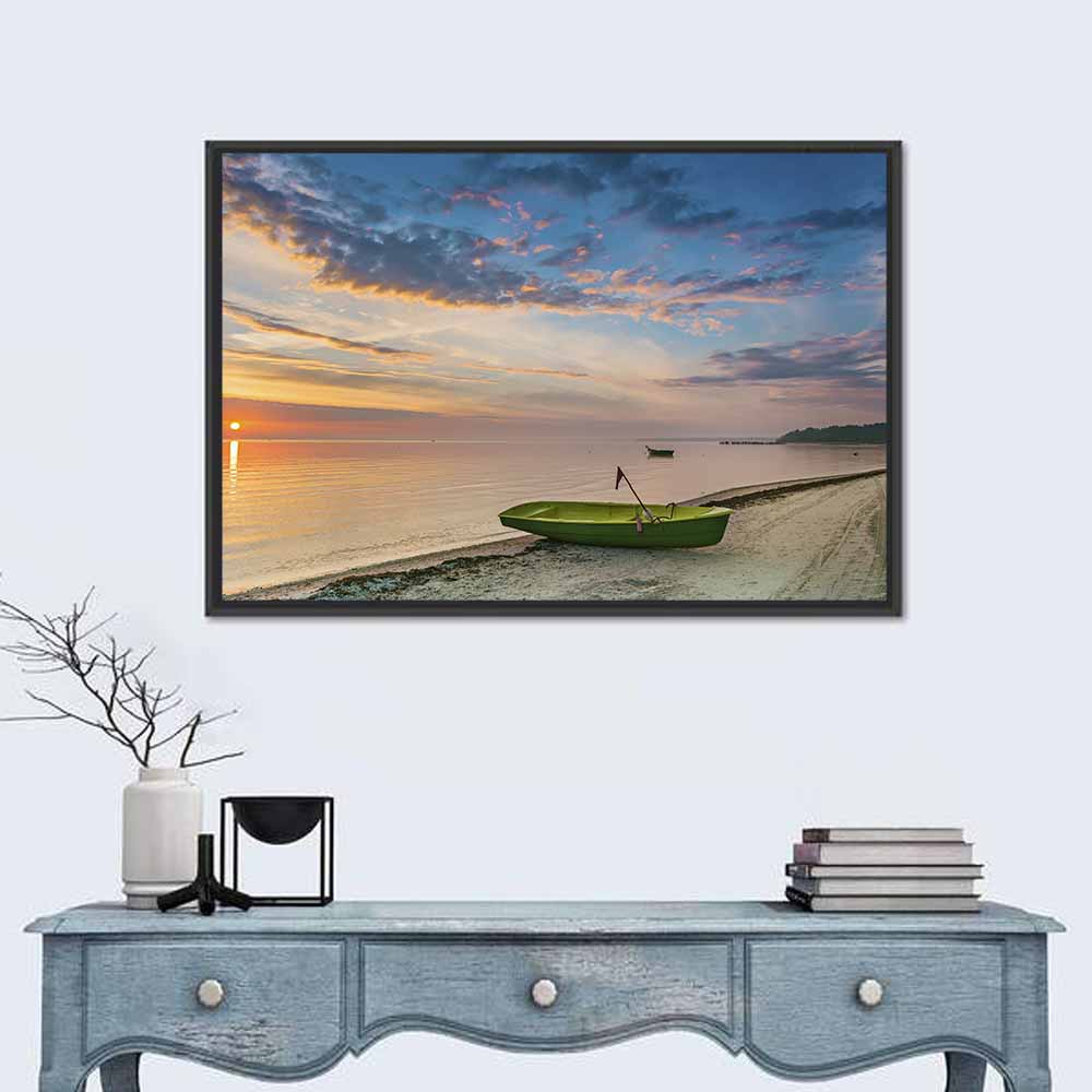 Green Rowboat at Sunrise Wall Art in a room, landscape