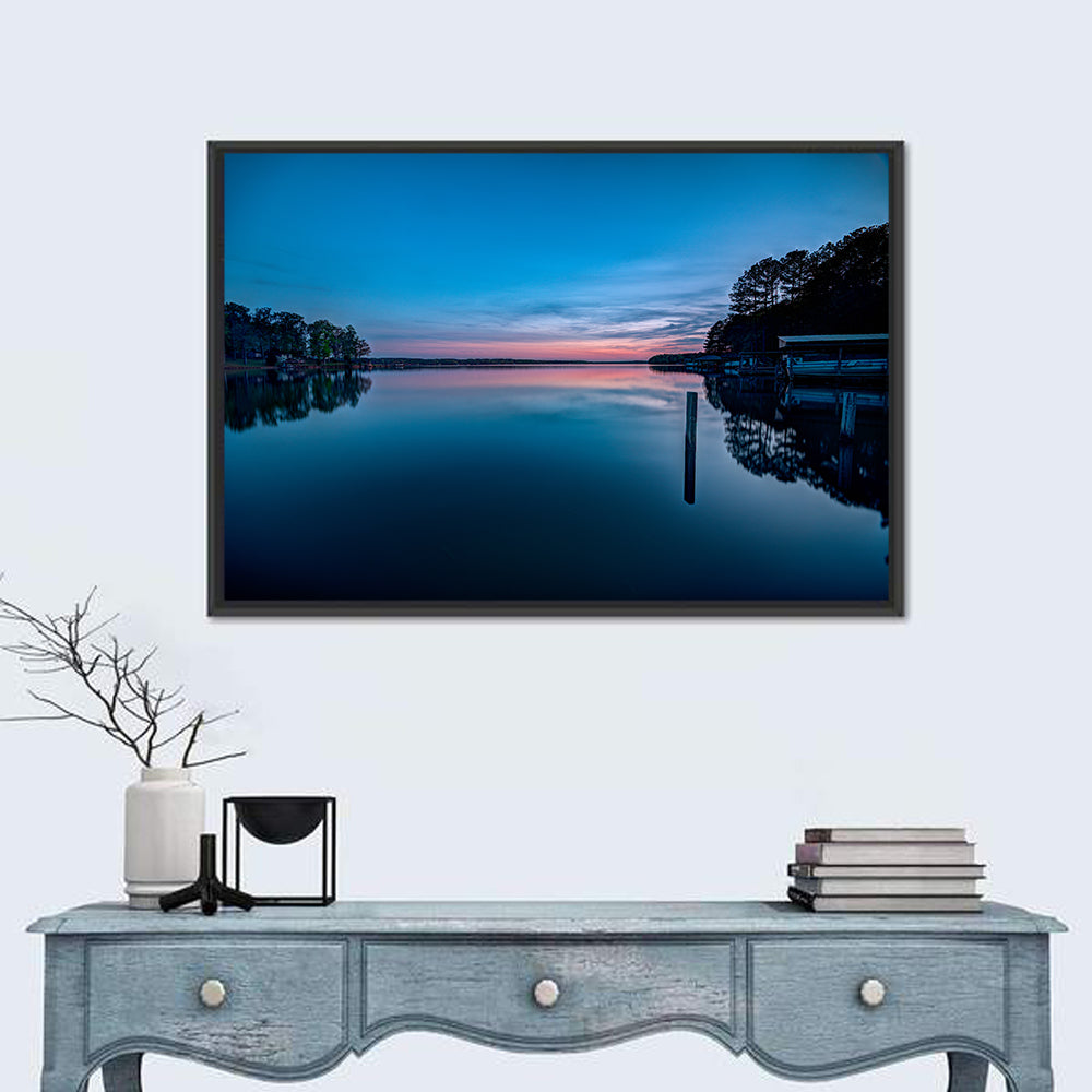Lake Gaston Twilight Reflection Wall Art in a room, landscape
