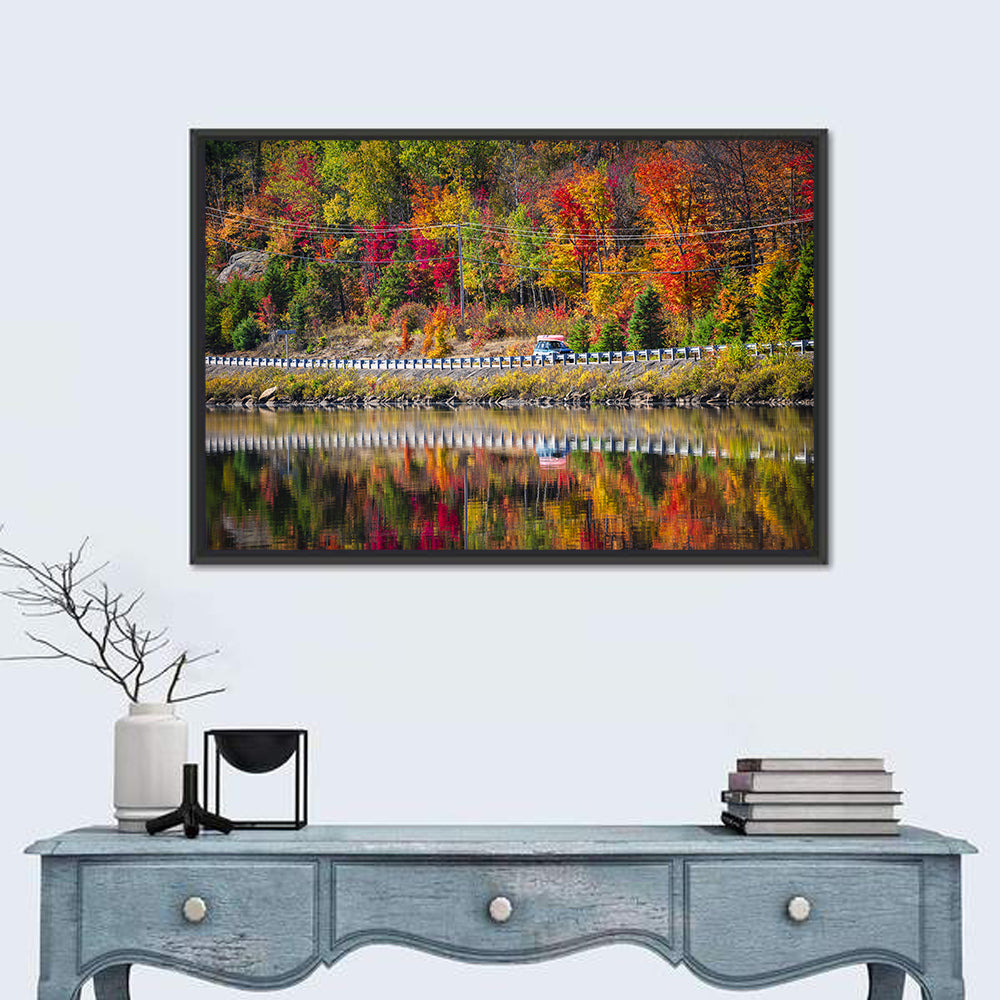 Algonquin Highway 60 Autumn Reflection Wall Art in a room, landscape
