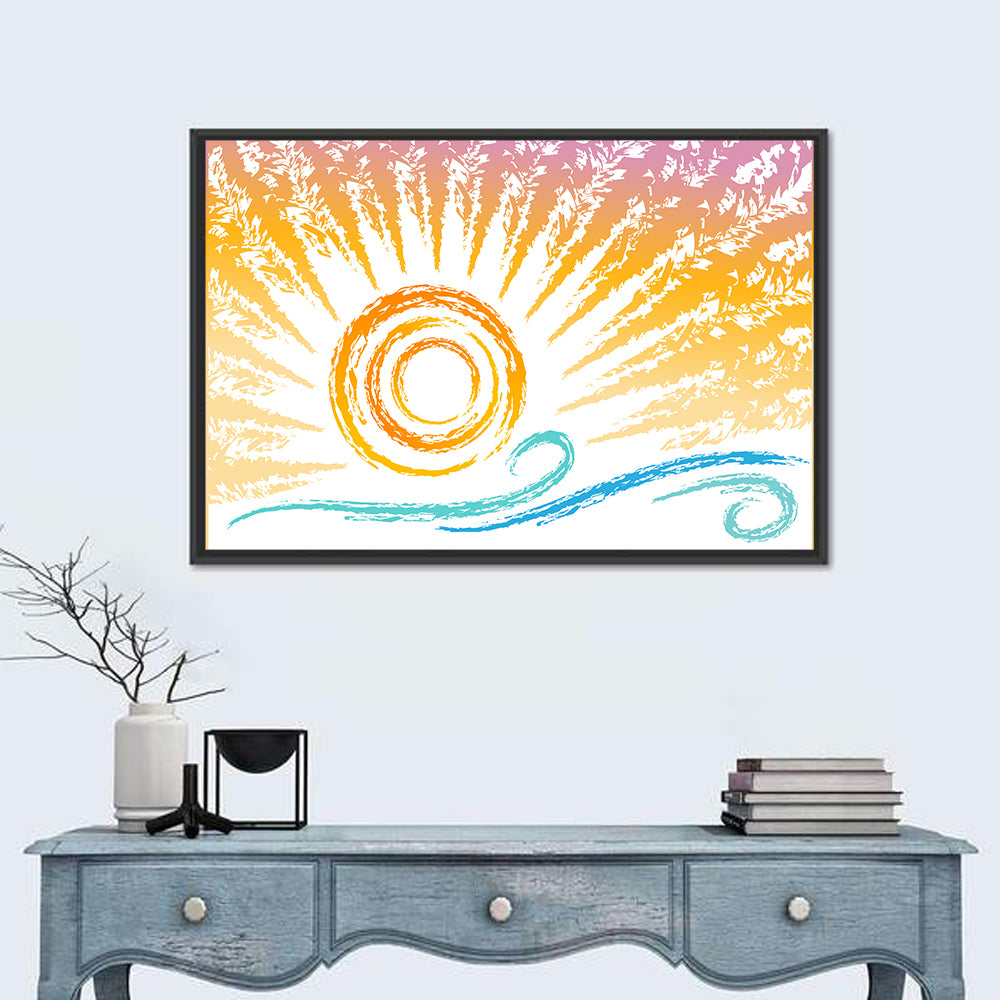 Sun and Waves Illustration Wall Art in a room, landscape