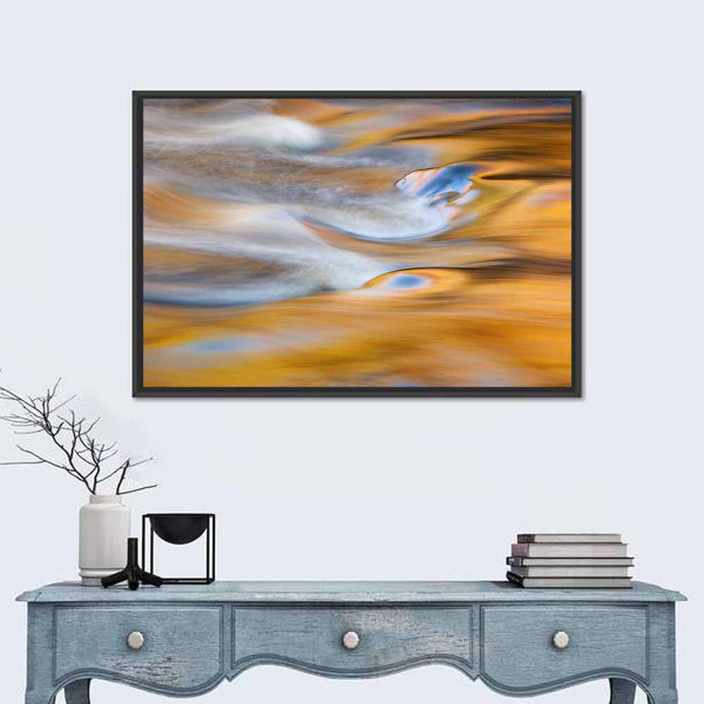 Golden Water Abstraction Wall Art in a room, landscape