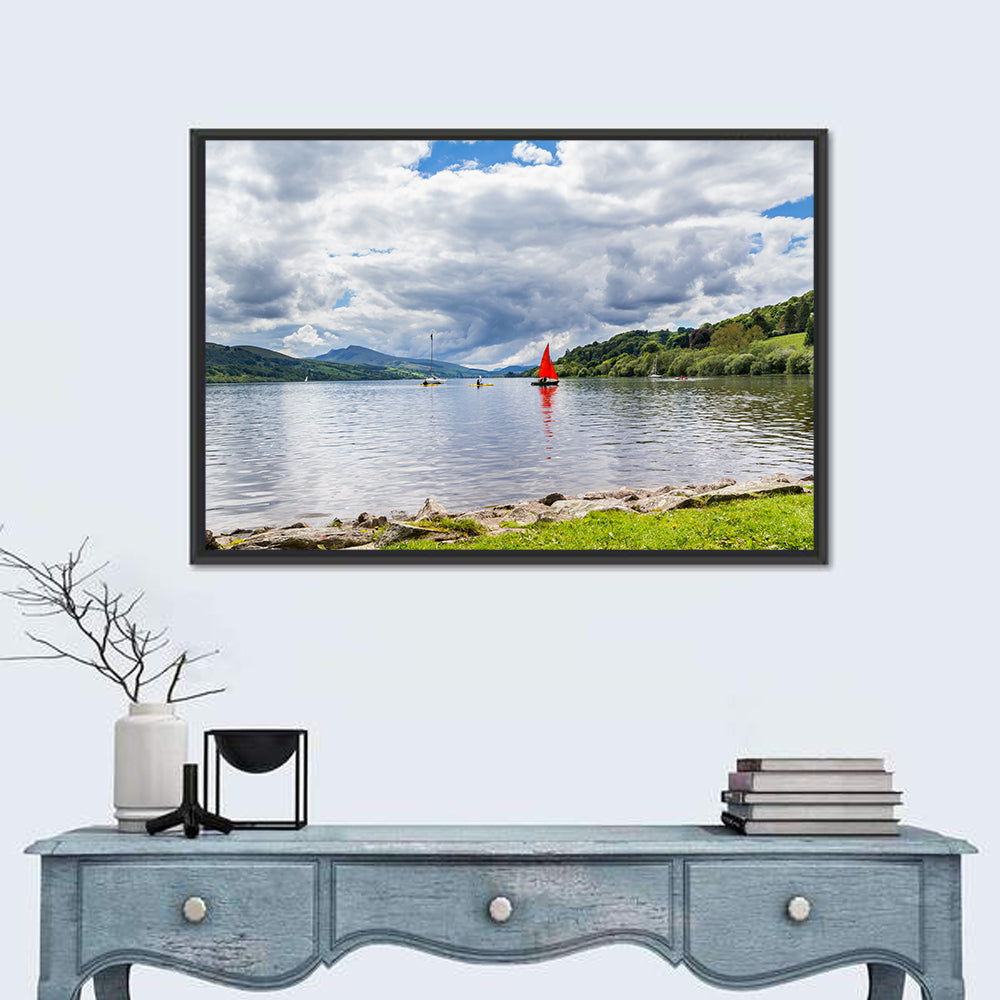 Bala Lake Sailboat Reflection Wall Art in a room, landscape