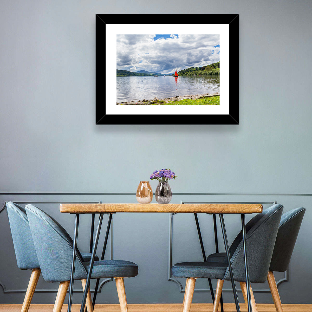 Bala Lake Sailboat Reflection Wall Art in a room, landscape