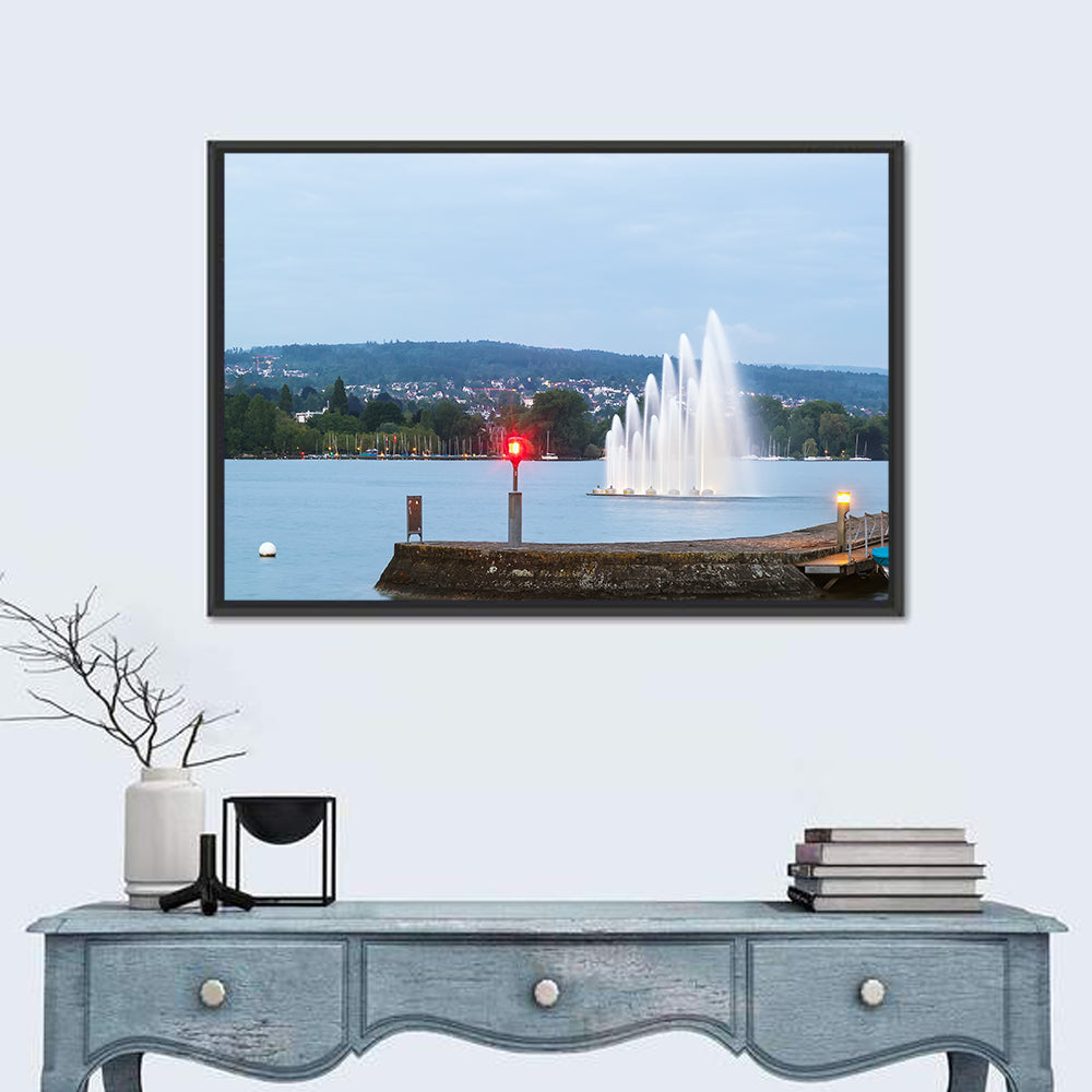 Lake Zurich Fountain at Dusk Wall Art in a room, landscape