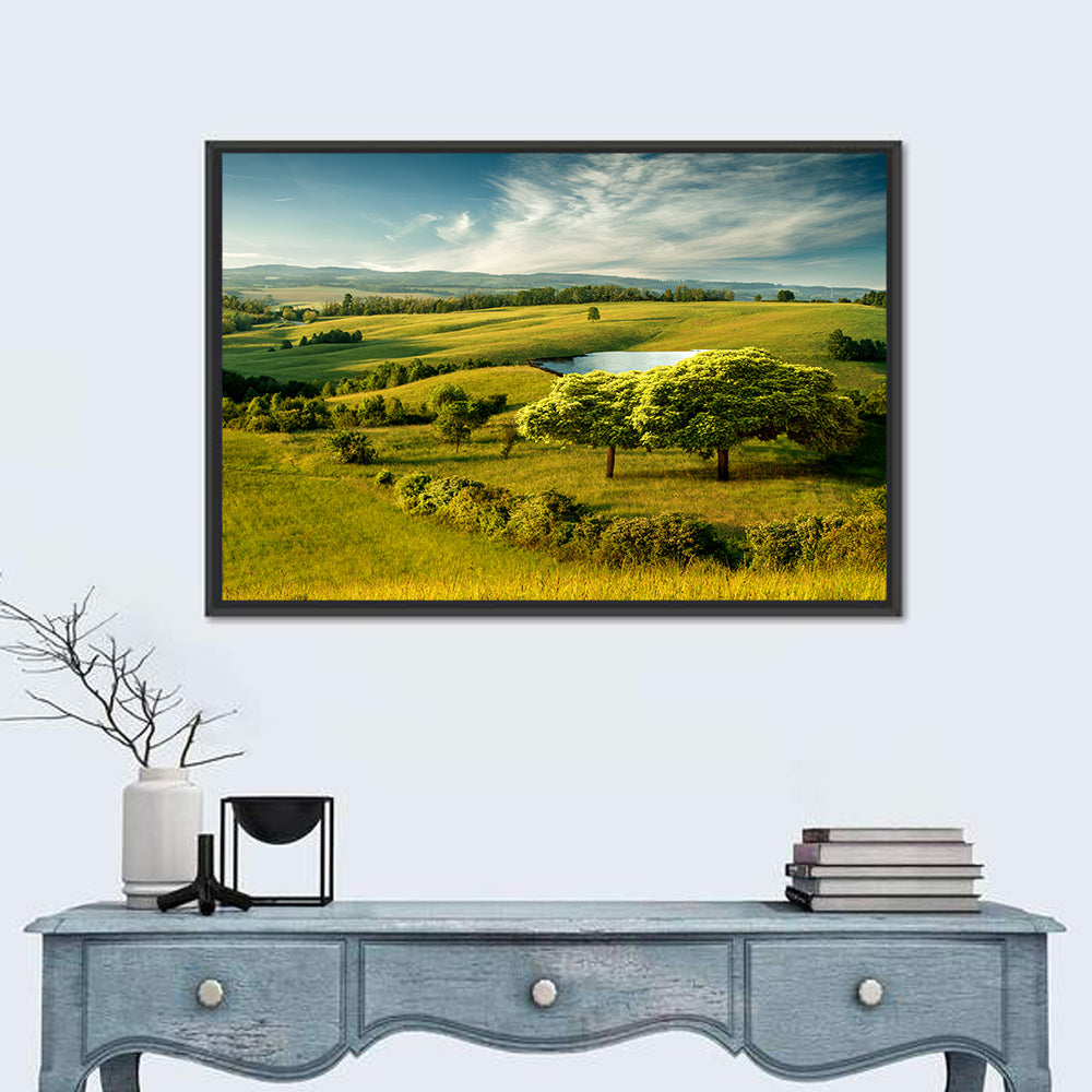 Rolling Hills with Pond Wall Art in a room, landscape
