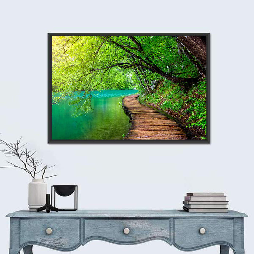 Plitvice Lakes Boardwalk Wall Art in a room, landscape