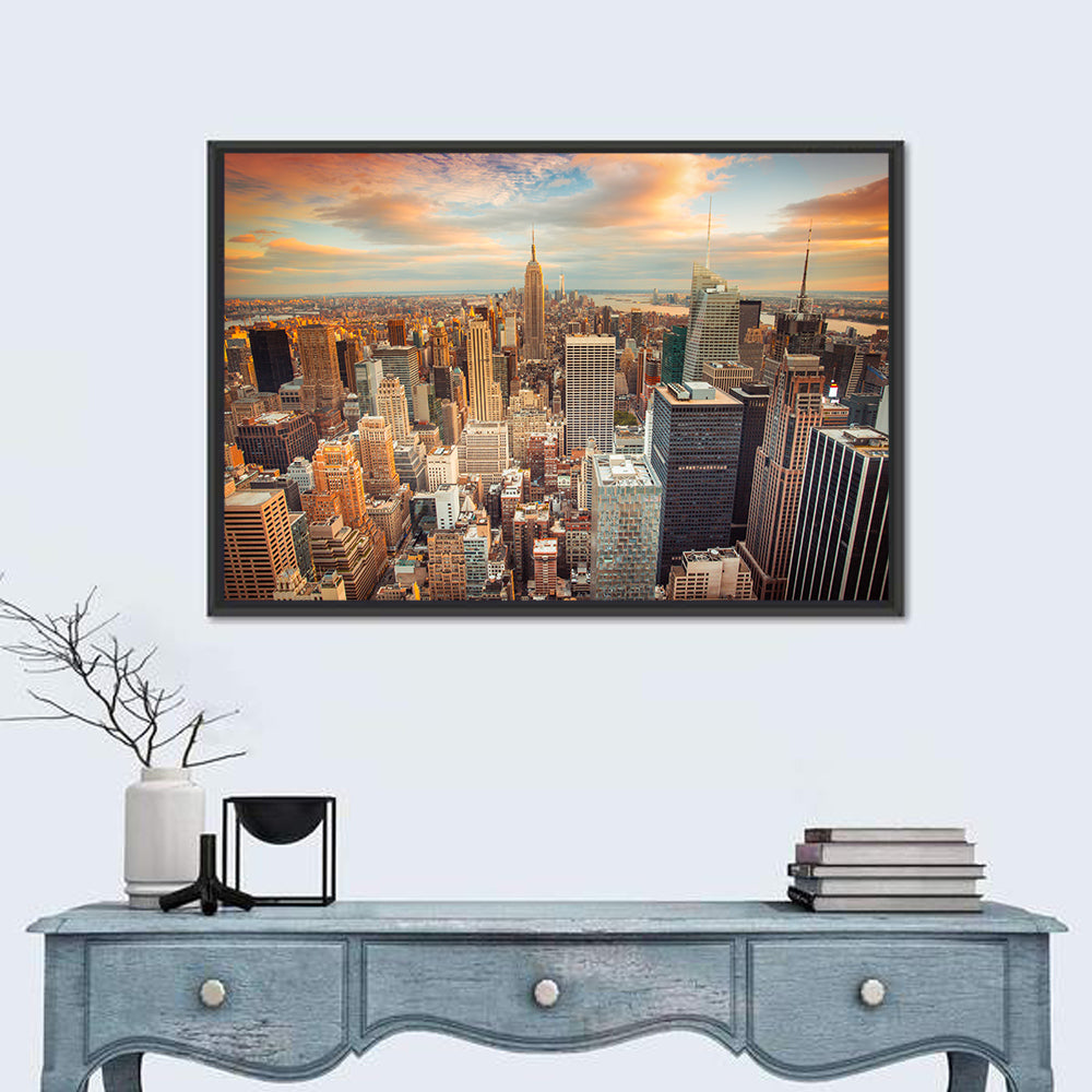 Midtown Manhattan Skyline at Sunset Wall Art in a room, landscape