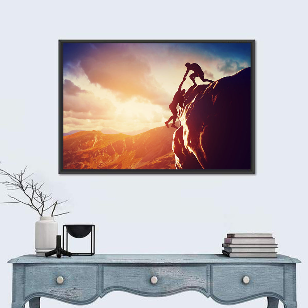 Two Hikers Summit Assist at Sunset Wall Art in a room, landscape