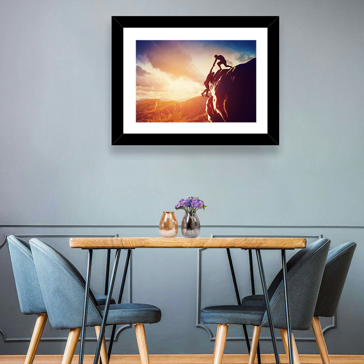 Two Hikers Summit Assist at Sunset Wall Art