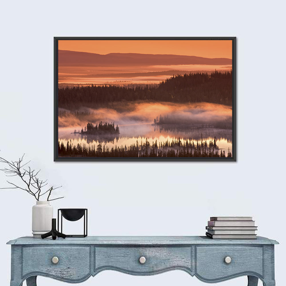 Lapland Sunrise Over Misty Lake Wall Art in a room, landscape