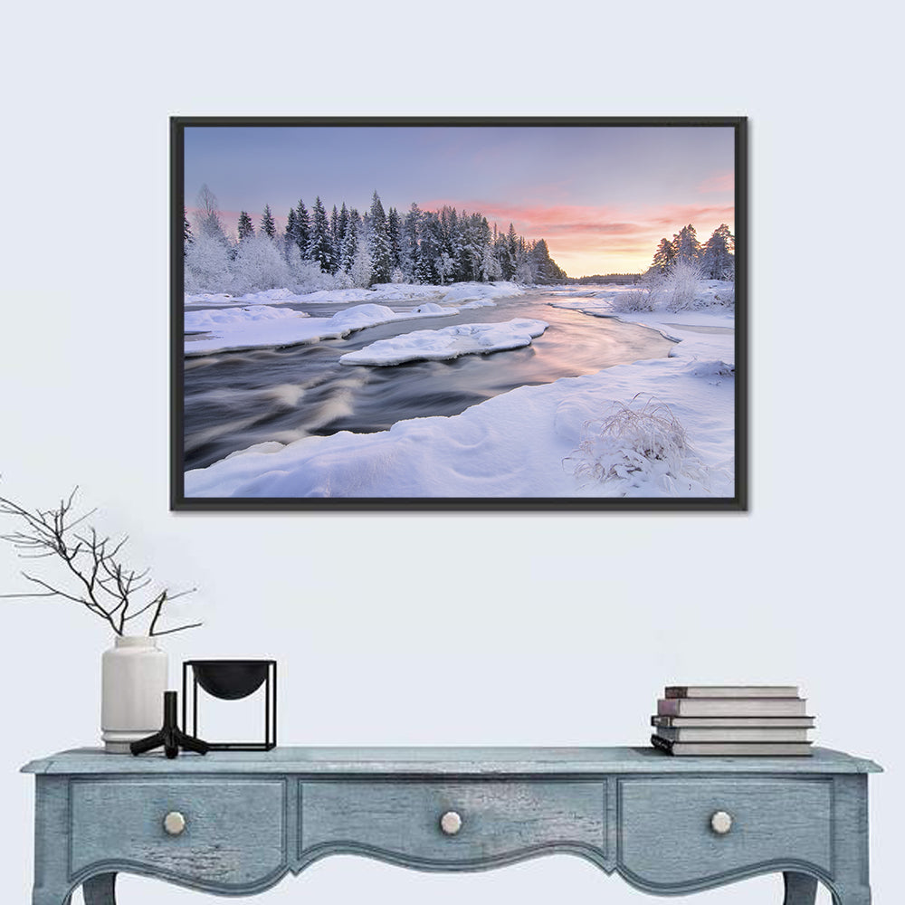 Kiiminkijoki Winter Sunrise Wall Art in a room, landscape