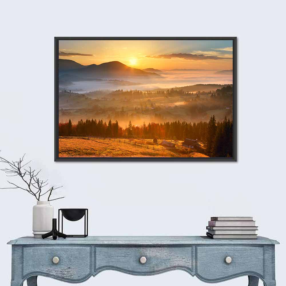 Mountain Village Sunrise Wall Art in a room, landscape