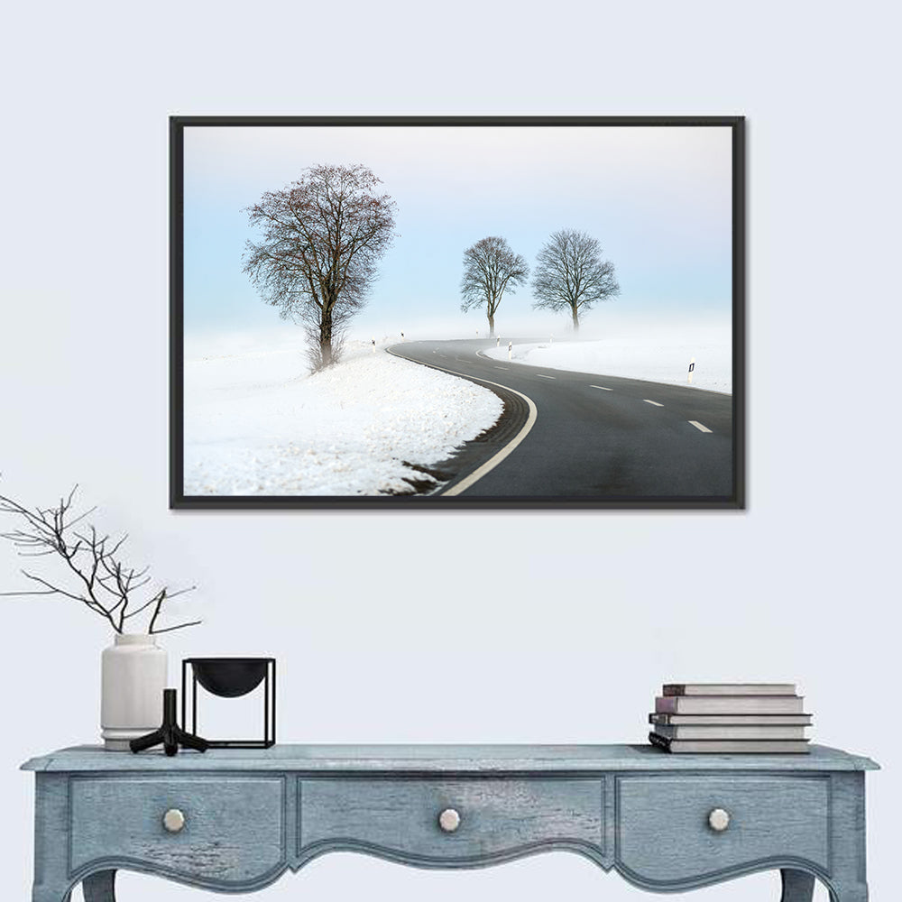 Foggy Winter Road Wall Art in a room, landscape