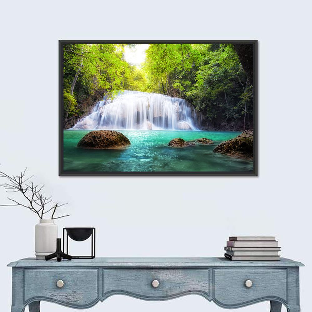 Erawan Falls Turquoise Waterfall Wall Art in a room, landscape