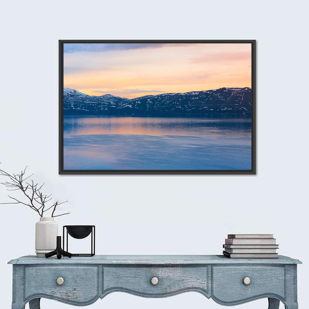 Lake Sevan Evening Reflection Wall Art in a room, landscape