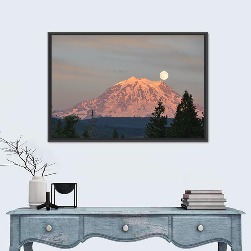 Mount Rainier Alpenglow with Full Moon Wall Art in a room, landscape