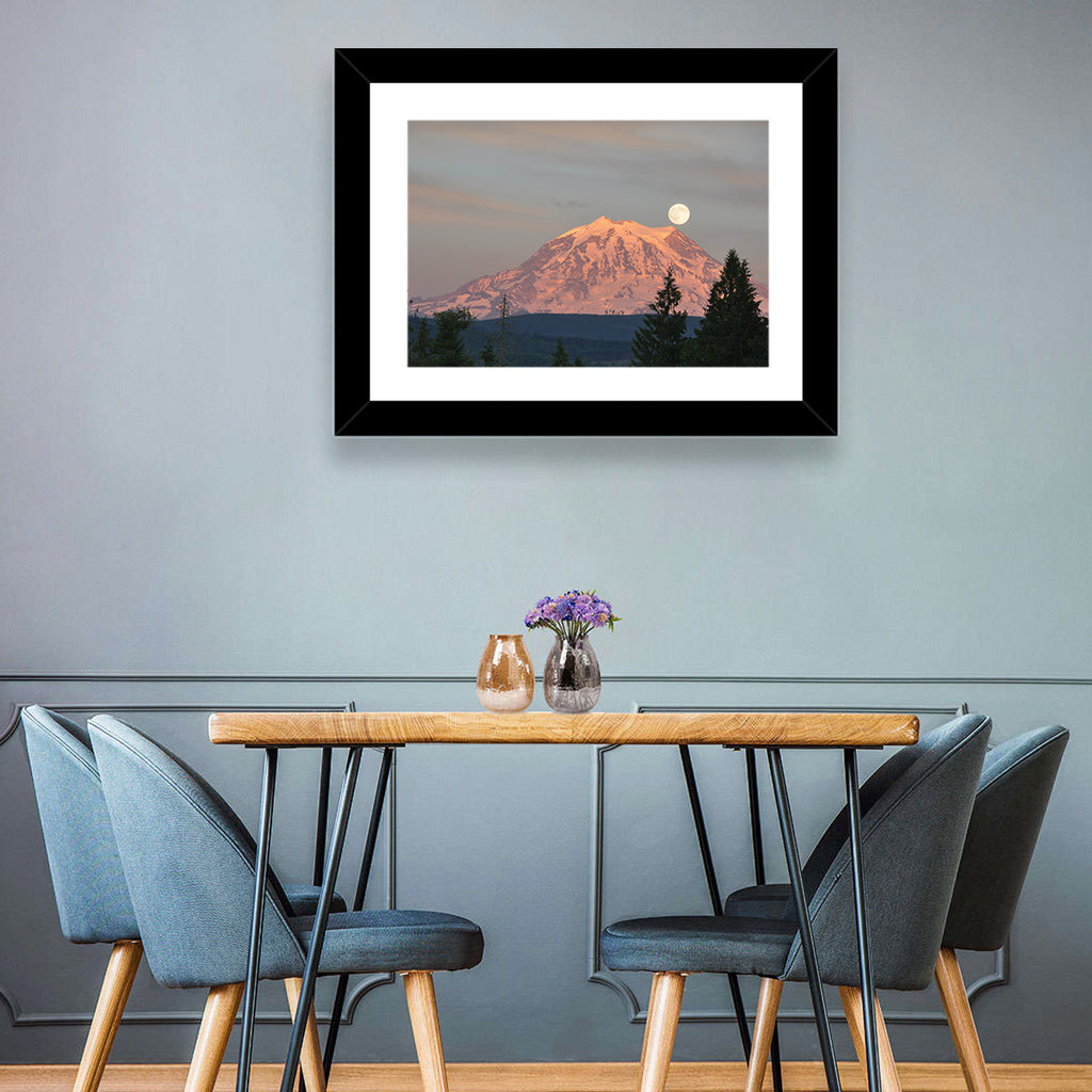 Mount Rainier Alpenglow with Full Moon Wall Art